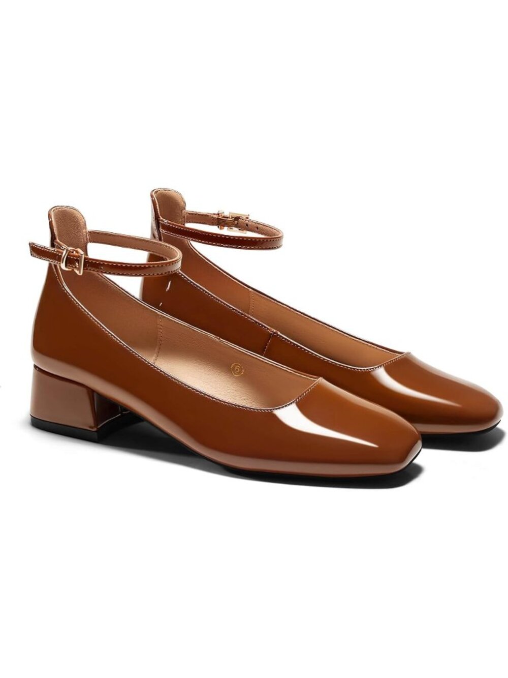 Women's Brown Chunky Low Heels Closed Square Toe Ankle Strap Pumps Shoes - Picture 1 of 6